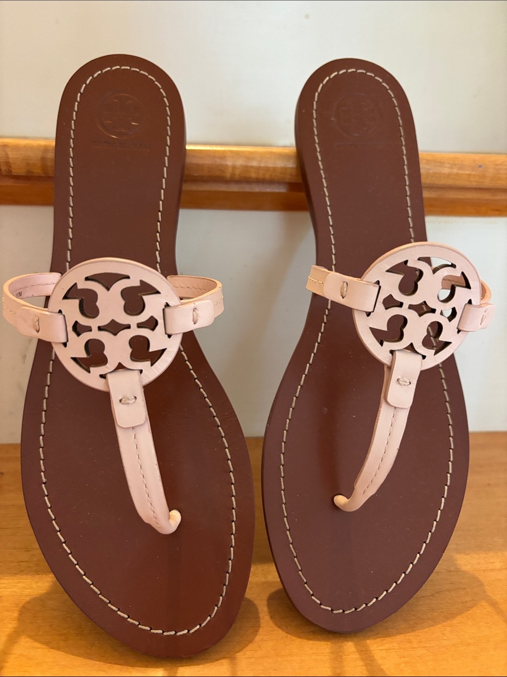 Tory Burch Blush Pink Leather Cutout Medallion Thong Sandals
